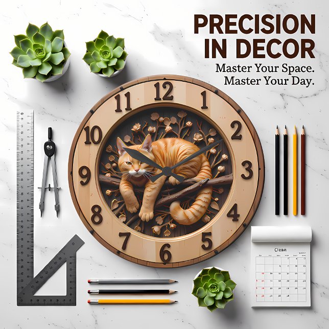 Cozy Orange Tabby Cat Wood Große Wanduhr (Von Creator hochgeladen)