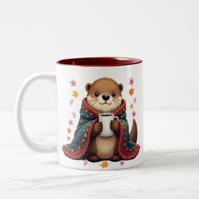 Cozy Otter - Otter in Blanket with Coffee & Autumn Zweifarbige Tasse (Links)