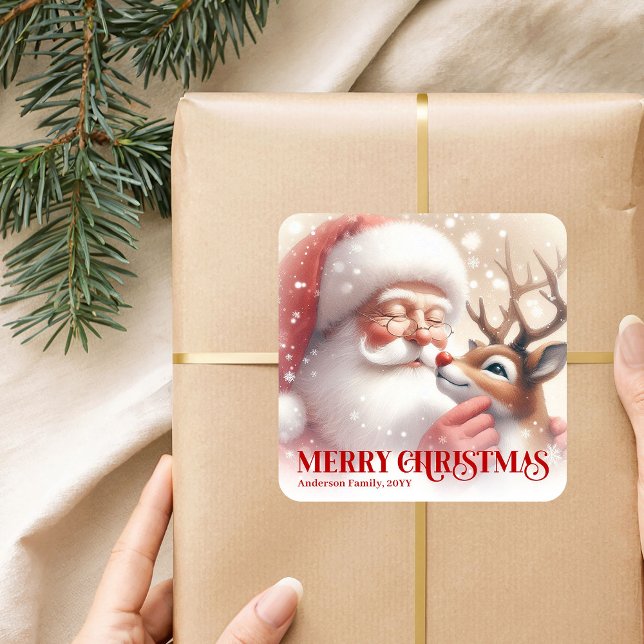 Cozy Personalized Santa and Rudolph Christmas Gift Quadratischer Aufkleber (Cozy Personalized Santa and Rudolph Christmas Gift Sticker)