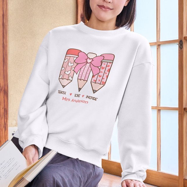 Cozy Pink Coquette Valentine Teacher Personalized Sweatshirt (Von Creator hochgeladen)