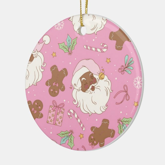 Cozy Pink Pastel Black Santa & Bow Christmas Keramik Ornament (Links)