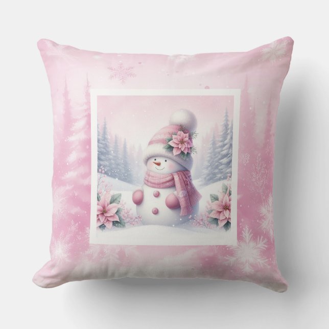 Cozy Pink Snowman Pinkmas Winter Scene Kids Pillow Kissen (Vorderseite)