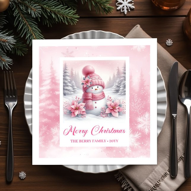 Cozy Pink Snowman Winter Forest Christmas Napkins  Serviette (Cozy Pink Snowman Winter Forest Christmas Napkins for Kids)