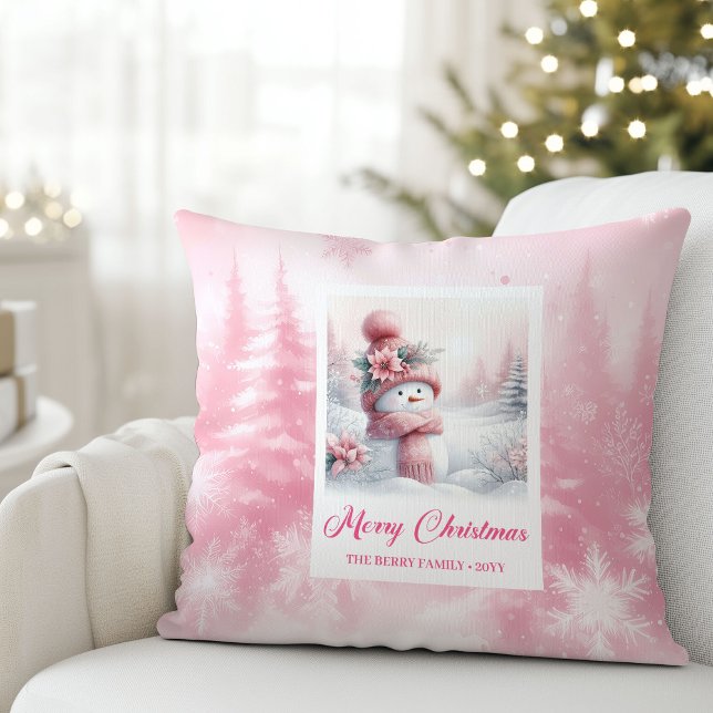 Cozy Pink Snowman Winter Scene Christmas Pillow Kissen (Cozy Pink Snowman Winter Scene Christmas Pillow)