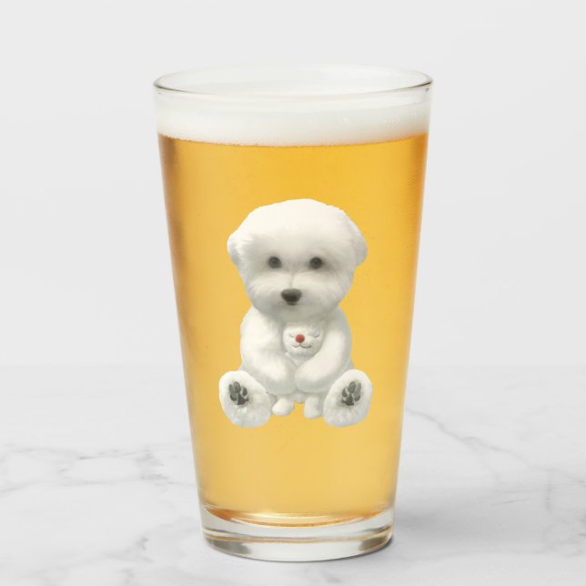 Cozy Plush Moment: Smiling Bichon Hugging Mini Pup Glas (Vorne (Gefüllt))