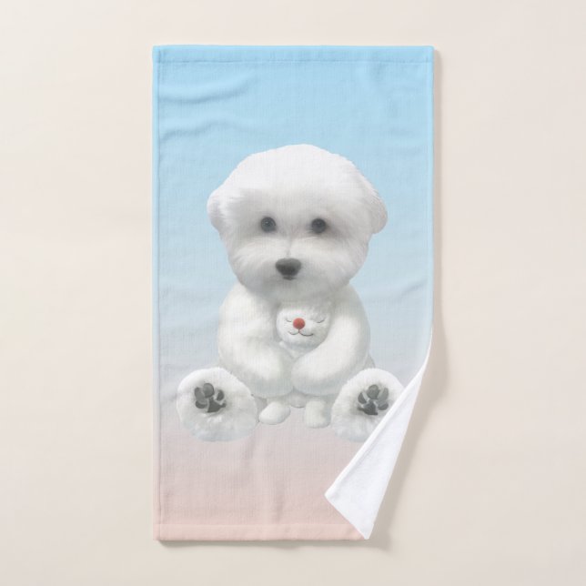 Cozy Plush Moment: Smiling Bichon Hugging Mini Pup Handtuch (Handtuch)