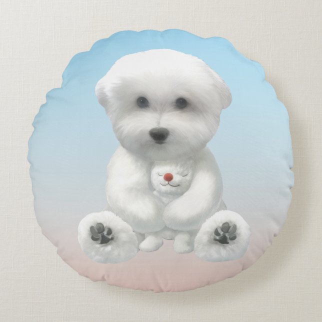 Cozy Plush Moment: Smiling Bichon Hugging Mini Pup Rundes Kissen (Vorderseite)