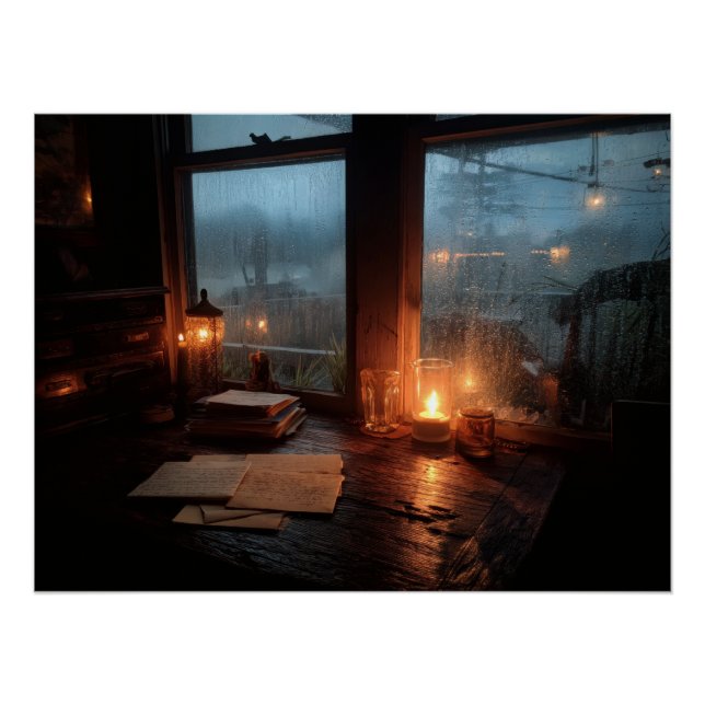 Cozy Rainy Window Candle Glow Scene Poster (Vorderseite)