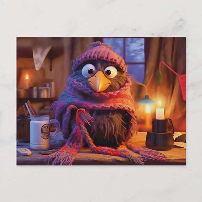 Cozy Raven Indoors With Hot Milk And Winter Outfit Postkarte (Vorderseite)