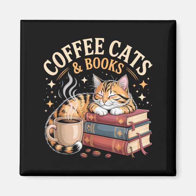 Cozy Reading Cat Coffee And Books Lover Artwork  Magnet (Vorne)