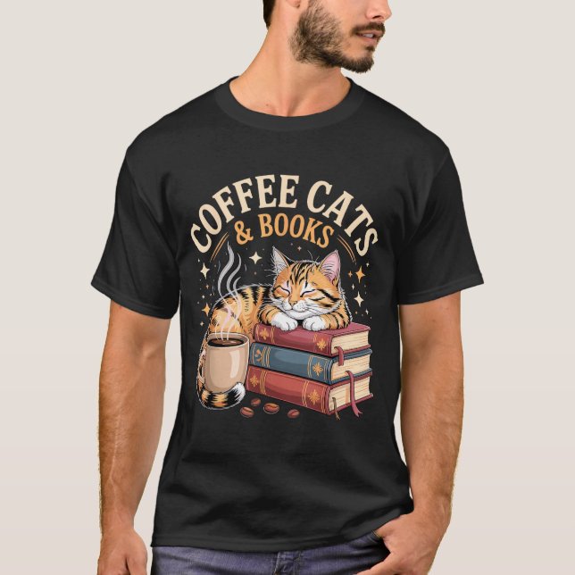 Cozy Reading Cat Coffee And Books Lover Artwork  T-Shirt (Vorderseite)