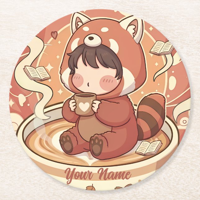Cozy Red Panda Brew Absorbent Coaster Set Runder Pappuntersetzer (Vorderseite)