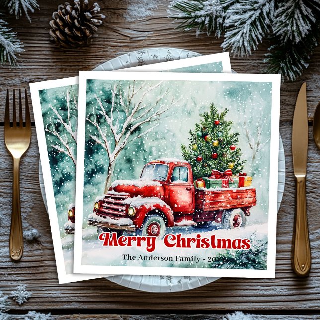 Cozy red truck Christmas scene rustic party napkin Serviette (Cozy red truck Christmas scene rustic party napkins)