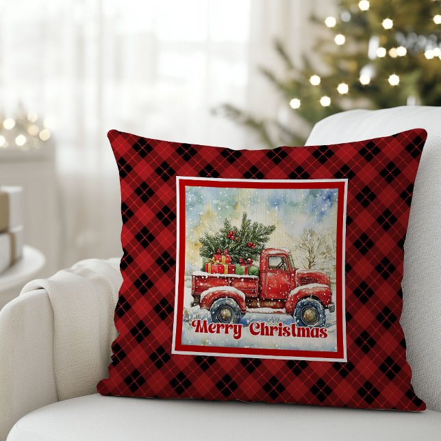 Cozy red truck holiday scene rustic red black kissen (Cozy red truck holiday scene rustic red black Throw Pillow)