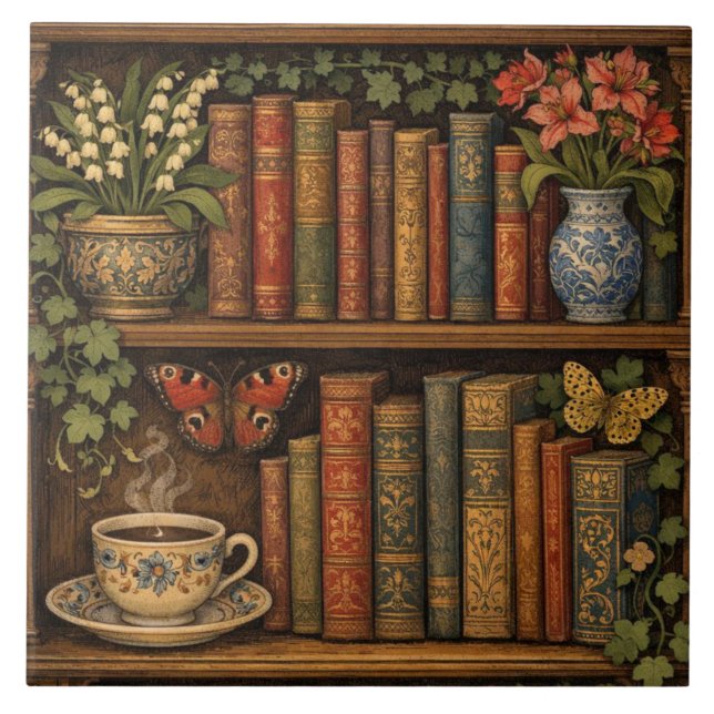 Cozy retro book shelf botanical coffee tea lover fliese (Vorderseite)