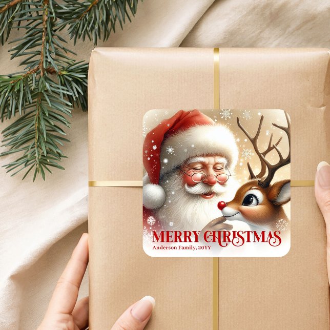 Cozy Santa Rudolph Personalized Christmas Kids Gif Quadratischer Aufkleber (Cozy Santa Rudolph Personalized Christmas Kids Gift Sticker

)