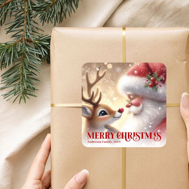 Cozy Santa Rudolph Personalized Christmas Kids  Quadratischer Aufkleber (Cozy Santa Rudolph Personalized Christmas Kids Holiday Sticker

)