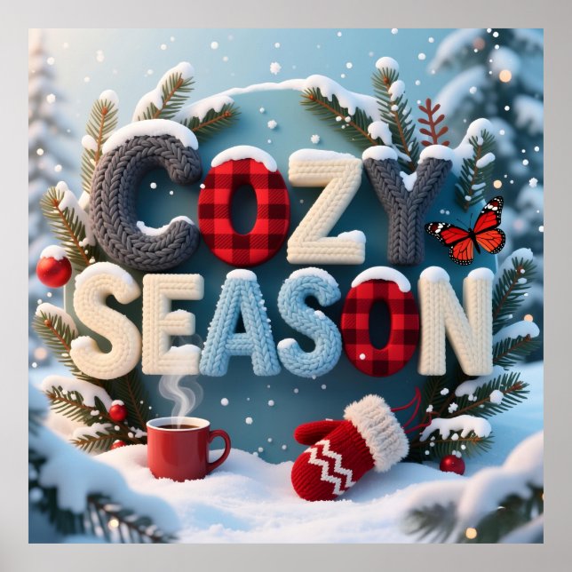 "Cozy Season" Winter Knit & Plaid Typography Snowy Poster (Vorne)