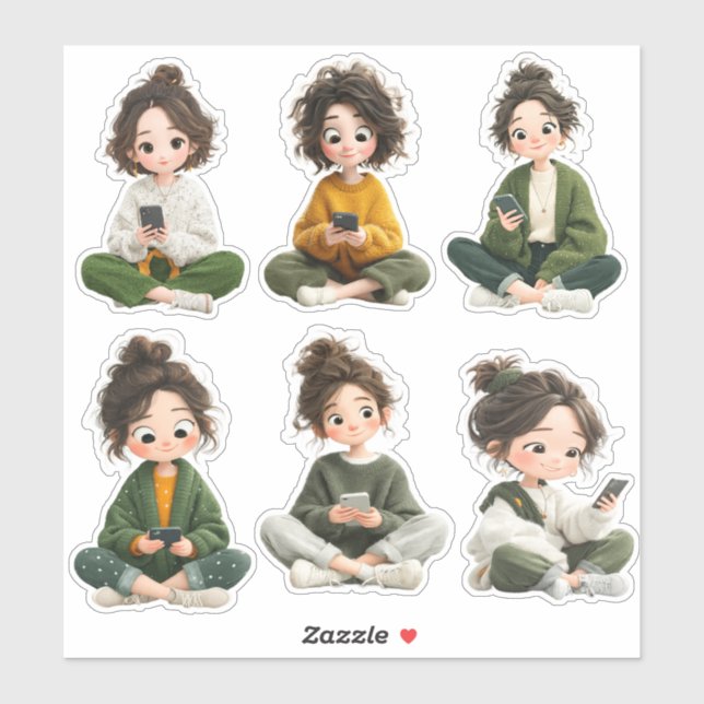 Cozy Sitting Chibi Girl Sticker Sheet  (Blatt)