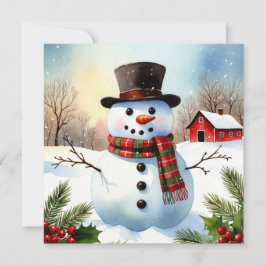 Cozy Snowman Farm Watercolor Christmas Flat Karte