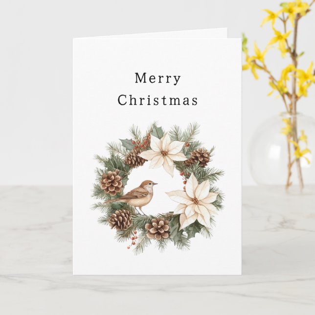 Cozy Warm Christmas Poinsettia Pine Cones Bird Karte (Gelbe Blume)