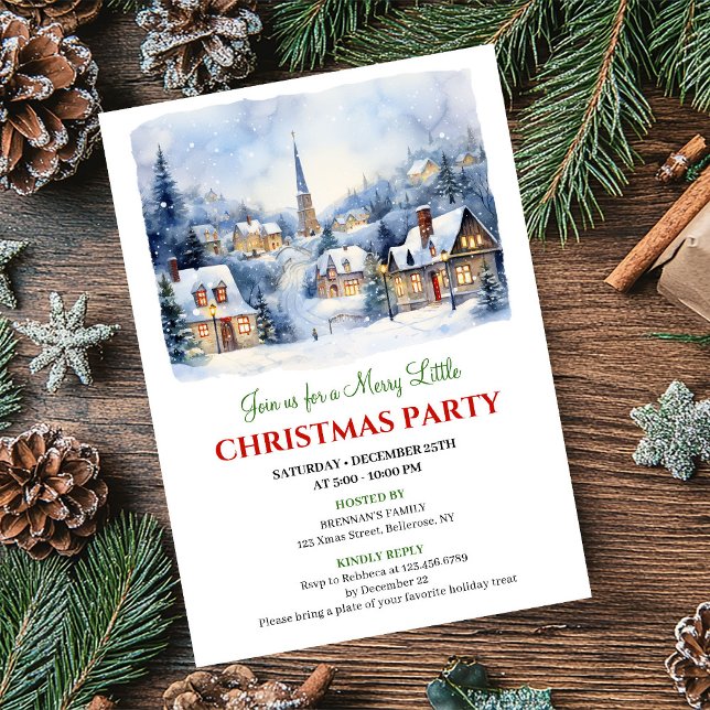 Cozy watercolor Christmas village holiday scene   Einladung (Cozy watercolor Christmas village holiday scene invite)