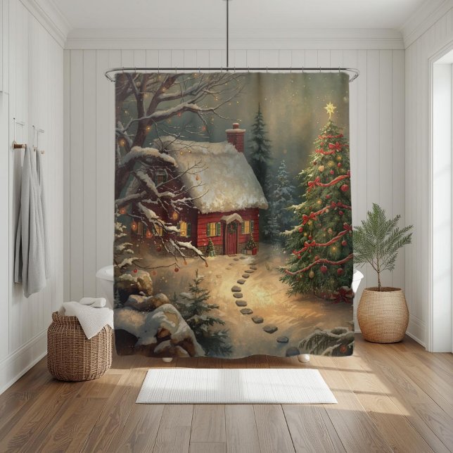 Cozy Winter Cabin Christmas Tree Watercolor Snowy  Duschvorhang (Von Creator hochgeladen)