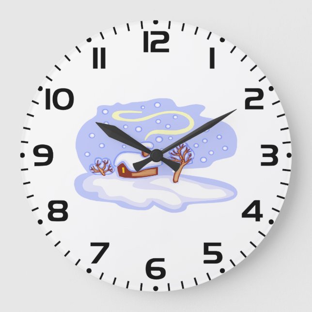 Cozy Winter Cabin in Snow Frosty Landscape Große Wanduhr (Vorderseite)