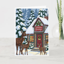 Cozy Winter Cabin with Deer Family Karte