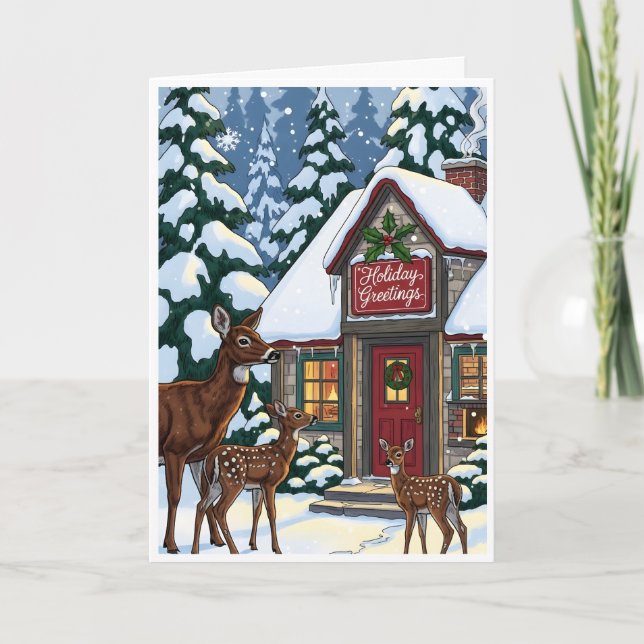 Cozy Winter Cabin with Deer Family  Karte (Vorderseite)
