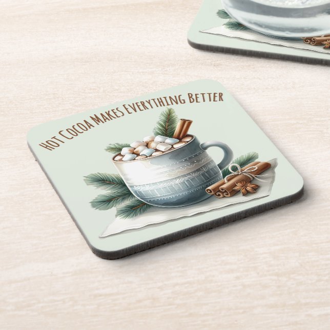 Cozy Winter Cocoa Marshmallow Scene Getränkeuntersetzer (Linke Seite)