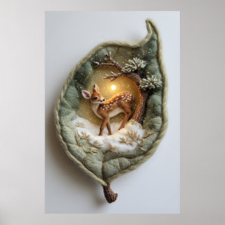 🦌 Cozy Winter Fawn Scene Whimsical Handmade Art Poster