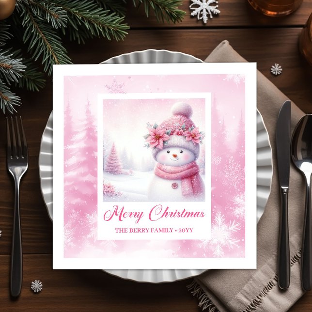 Cozy Winter Forest Pink Snowman Pinkmas Party  Serviette (Cozy Winter Forest Pink Snowman Pinkmas Party Napkins)