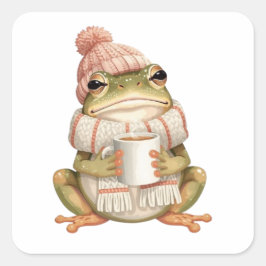 Cozy Winter Frog & Coffee Aesthetic Quadratischer Aufkleber