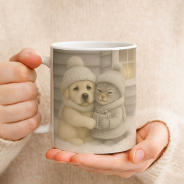 Cozy Winter Mug with Puppy and Kitten Illustration Kaffeetasse