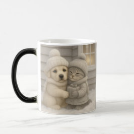 Cozy Winter Mug with Puppy and Kitten Illustration Verwandlungstasse