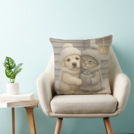 Cozy Winter Pillow with Puppy and Kitten in Hats Kissen