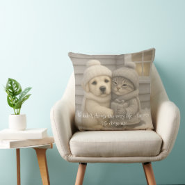 Cozy Winter Pillow with Puppy and Kitten in Hats Kissen
