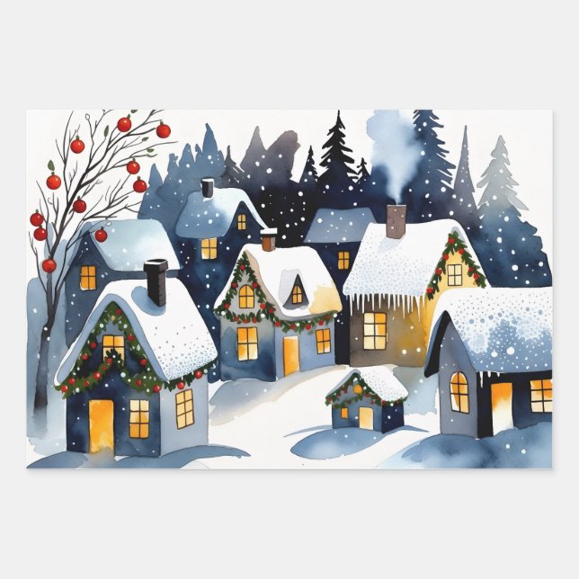 Cozy Winter Village Watercolor Christmas  Geschenkpapier Set (Vorderseite)