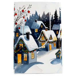 Cozy Winter Village Watercolor Christmas Gift Bag Mittlere Geschenktüte