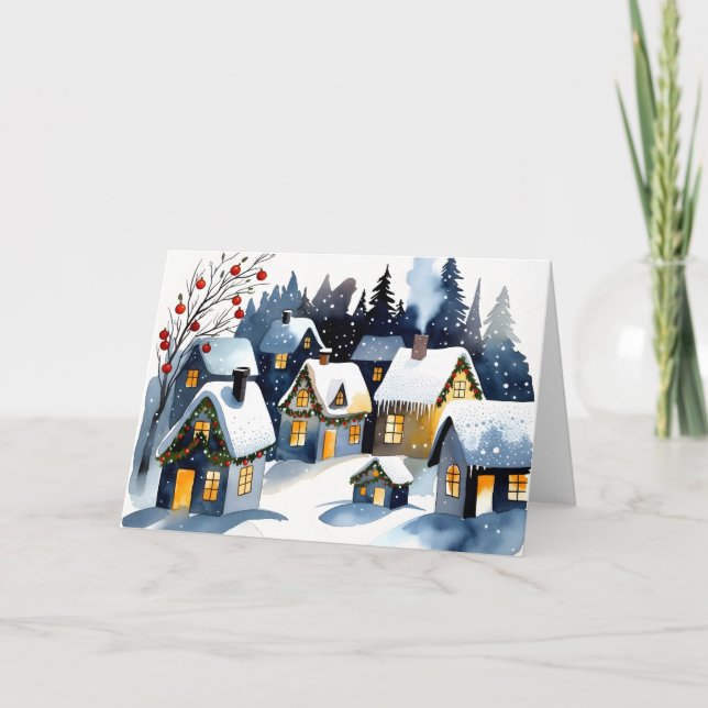 Cozy Winter Village Watercolor Christmas Greeting  Karte (Vorderseite)