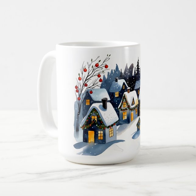 Cozy Winter Village Watercolor Christmas Kaffeetasse (Vorderseite Links)