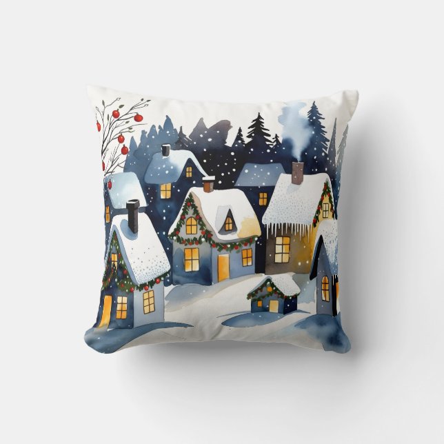 Cozy Winter Village Watercolor Christmas Kissen (Vorderseite)