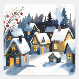 Cozy Winter Village Watercolor Christmas Quadratischer Aufkleber