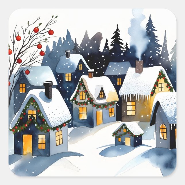 Cozy Winter Village Watercolor Christmas Quadratischer Aufkleber (Vorderseite)