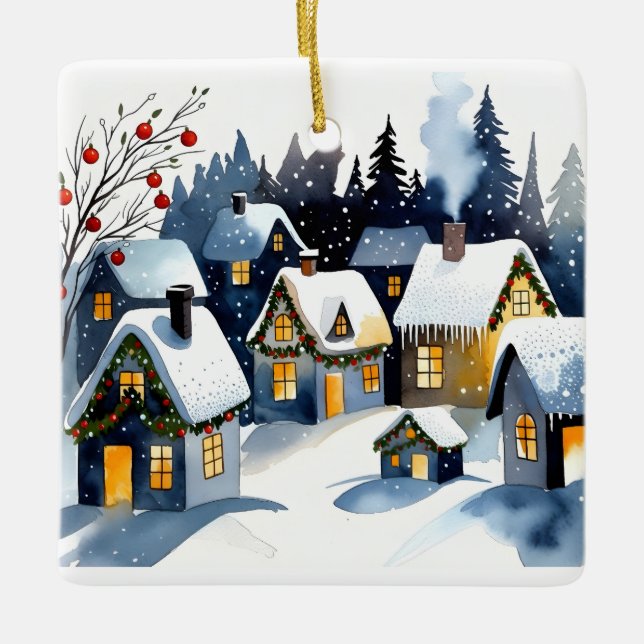 Cozy Winter Village Watercolor Christmas Square Keramikornament (Vorderseite)
