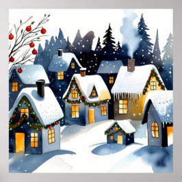 Cozy Winter Village Watercolor Christmas Wall Art  Poster
