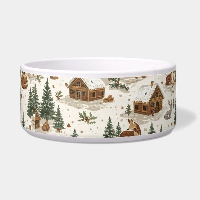 Cozy Woodland Cabin Dog Bowl – Deer, Foxes & Pines Napf (Vorderseite)