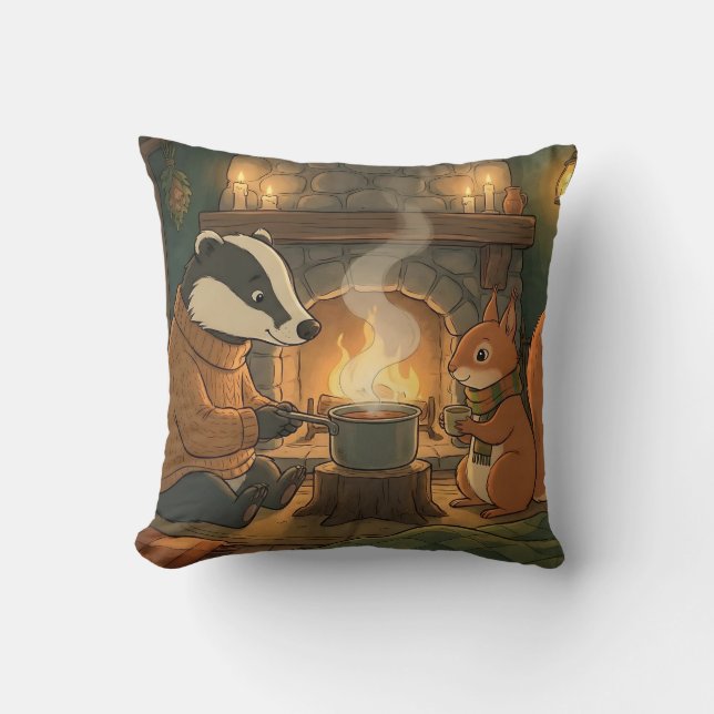 Cozy Woodland Campfire Animals Throw Pillow Kissen (Vorderseite)
