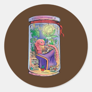 Cozy Worm Reading Books Jar Home Chill  Runder Aufkleber